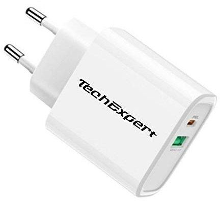 TechExpert Quick Charge 3.0 Chargeur Secteur USB Rapide 18W 3A QC 3.0 Compatible avec ASUS T100 Galaxy S10 S9 Note 10 A70 A50, Redmi Note 9S Note 8 Pro, Smartphones et Tablettes usbA QC3.0 + usbC PD