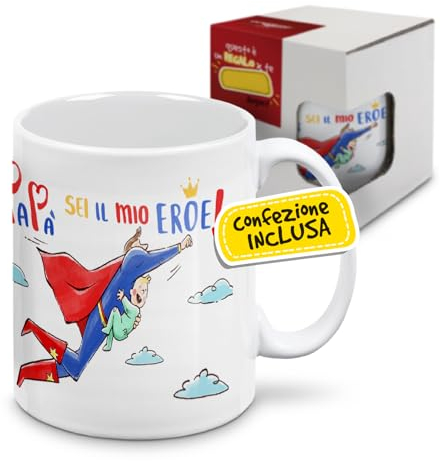 mugnue Tazza in ceramica ultra bianca da 325 ml per la festa del papà. Idea regalo per la colazione del papà. Tazza certificata (Sei il mio eroe)