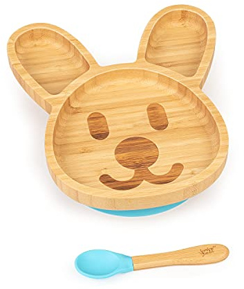 bambuswald© Geschirr Set für Babys & Kleinkinder - Hase Kindergeschirr Löffel Teller Schüssel - Nachhaltig & Ökologisch | Babyteller Kindergeschirr-Set Frühstücksset Saugnapfplatte Fütterung