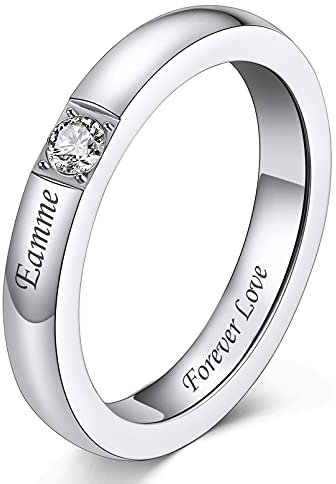 Custom4U Memorial Damen Zirkonia Fingerring mit Namegravur Edelstahl 3mm breit Geburtsstein Silberring für Ehering Verlobungsring Partnerring Ringgröße 59.5(19)