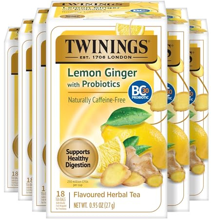 Twinings Superblend Probiotics+ - Tisana aromatizzata al limone e zenzero, con curcuma, senza caffeina, 18 pezzi (confezione da 6), da gustare calda o fredda