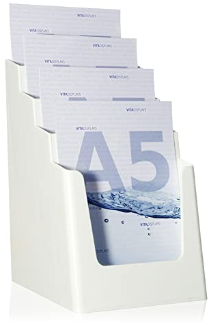 DIN A5 Tischprospektständer mit vier Etagen, Flyerständer, weisser Flyerhalter, standfester Prospekthalter, Prospektständer, Tisch-Prospektständer für A5 Flyer, Prospekte, optionale Wandmontage