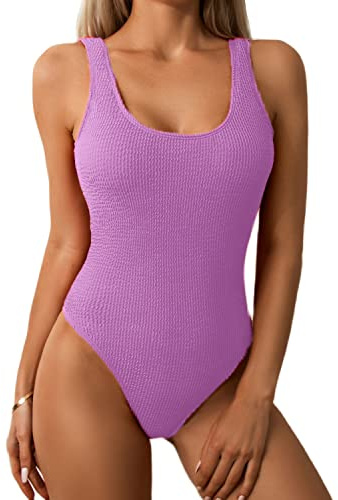 Limeeke Women One Piece Swimming Costume Swimsuit Solid Ribbed Monokini Swimwear Scoop Neck Low Back Bathing Suit, Purple, XL