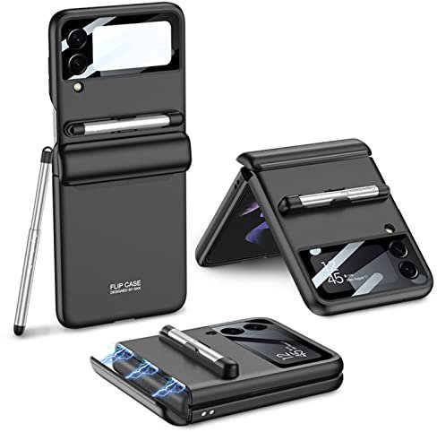 COQUE Galaxy Z Flip 4 avec Stylet, Film de Protection Intégrée Pliante à Charnière Tout Compris,Housse de Téléphone Pliante pour Samsung Galaxy Z Flip 4 5G-Le Noir