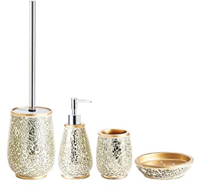 BM 6202 Set di Accessori da Bagno in Resina di Colore Oro Dorato Gold, Set Accessori Bagno Completo 4 Pezzi, Dispenser, Portaspazzolino, Portasapone e Portascopino