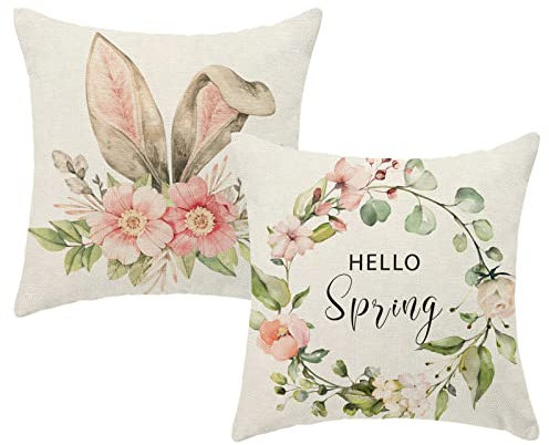 Hello Spring Wreath Kissenbezüge, 45.7x45.7 cm, Osterhase, dekorative Wurfkissen für Couch, Kaninchen, Blumendekor, Kissenbezug, 2 Stück, weiche Bauernhaus, Auto, Safa