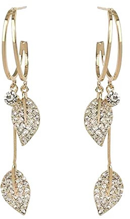 Women's Leaf Diamond Earrings for Ramadan Mother's Day - Spiral Shape Fashion Elegant Tassel Long Style Crystal Copper Gold Plated Wooden Stud (Gold, One Size)
