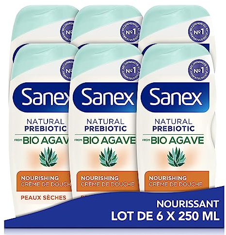 SANEX - Gel Douche Bio Agave Nourrissant - Prébiotique Naturel Issu De l’Agave Bio - Nourrit La Peau - Hydratation 12h - Respecte L’Équilibre Naturel De La Peau - 92 % d’Origine Naturelle* - 250mL x6