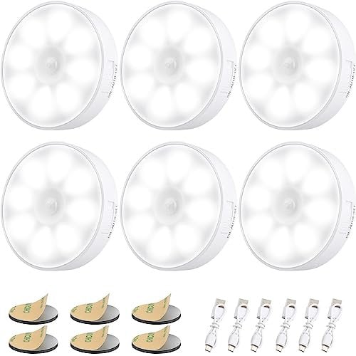 Electight 6 Pack Motion Sensor Lights Indoor, 8 LEDs Night Light USB Rechargeable, LED Adhesive Lamp with Magnetic Base, 3000K Induction Nightlight & 400mAh Battery, for Wardrobe,Stairs,Closet,Hallway