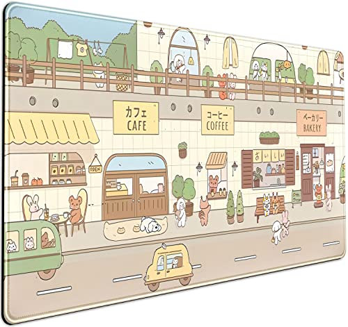 Joli tapis de souris kawaï beige, grand tapis de souris anime, rues, tapis de bureau japonais pour clavier et souris, tapis de bureau et de jeu XXL, tapis de clavier décoratif pour femme, 80 x 40 cm