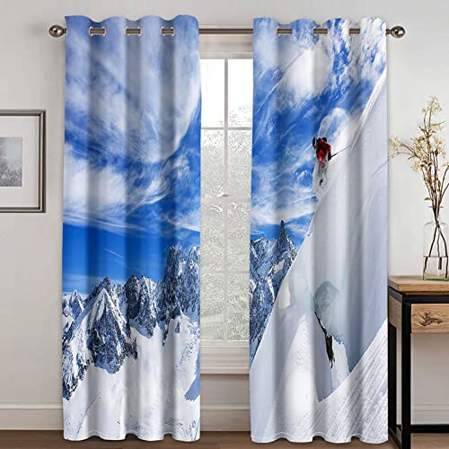 Tende Per Finestre 234x230 Cm Tende Soggiorno Moderne 2 Pezzi Tende Finestra Interni Motivo Bianco Neve Montagna Sci 3D Termiche Isolanti Tenda Oscurante Con Occhielli Per Cameretta Dei Bambini