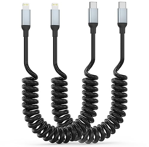 Coiled Lightning Cable, USBC to Lightning Cable for iPhone 2Pack Retractable iPhone Charger Cord for Car Short USB C iPhone Charger for iPhone14/13/12/11 Pro Max/XS MAX/XR/XS/X/8/7/Plus/6S iPad/iPod
