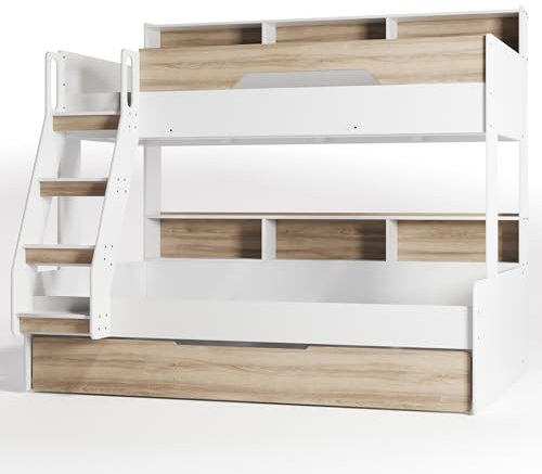 Flair Furnishings Triple Bunk Beds for Kids, Trundle Bed, Heavy Duty and Sturdy, Cosy, Stylish, Space-Saving Design (Oak)