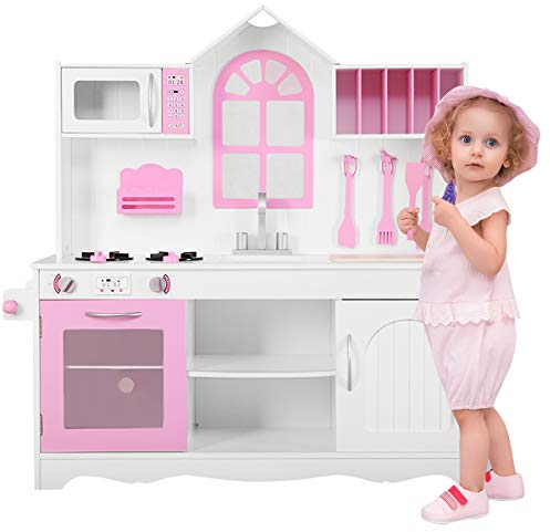 COSTWAY Cucina Giocattolo per Bambini, Cucina Legno per Bambini con Forno, Microonde, Lavello e Rubinetto, con Accessori da Cucina, per Bambini 3+ Anni