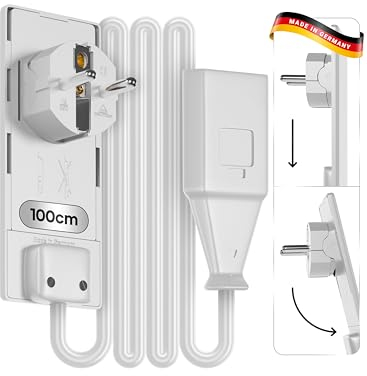 Evoline - Prolunga a spina europea, colore bianco, 100 cm, prodotto in Germania, per mobili a filo alla parete, cavo di prolunga piatto da 100 cm, prolunga spina piatta (bianco, 100 cm)