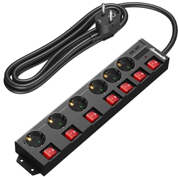 DEWENWILS Multiprise 6 Prises avec 7 Interrupteurs Individuel, 3680W Max, Montage Mural, Sécurité Enfants, Rallonge Multiprise Parafoudre et Surtension avec Câble 3M & Prises 90°, Noir