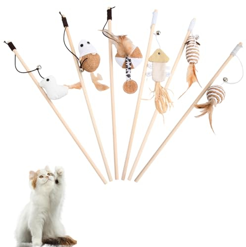Ensemble de 6 Jouets pour Chat - Canne à Pêche Interactive, Jeux Plume, Baguette Intérieure avec Cloches - Cadeau Drôle pour Chaton
