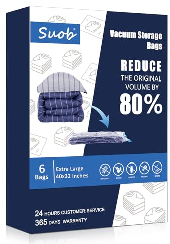 Suob Vacuum Storage Bags Jumbo - 6 Pack 100x80cm Extra Large Vacuum Storage Bags for Clothes, Duvets, Bedding, Pillows, Blankets - Space Saver, Eco-Friendly with Double Zip Seal, Valve