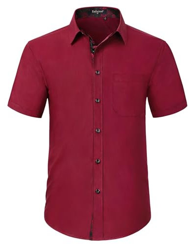 Enlison Men's Dress Shirt Short Sleeve Regular Fit Business Casual Formal Shirt Button Up Shirts Burgundy Red M