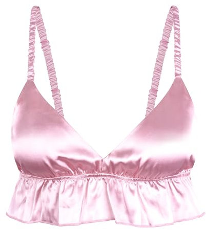 Satini Femminuccia con Volant Pieghettato Attillato Setoso Raso Lingerie Bralette (Rosa Pastello, S)