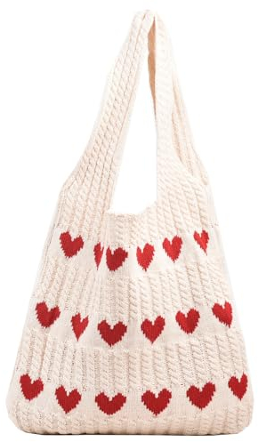 ibalulu Strandtasche Umhängetasche Damen Handtasche Gestrickte Tasche Shopper Tasche Damen-Strick-Love-Häkeltasche Tote Bag Schultertasche für Einkaufen Urlaub Reise (Beige)