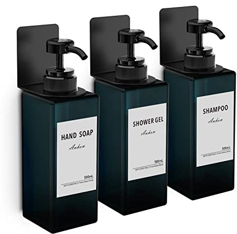 Anhow 3PCS Soap Dispenser Set 500 ml | Wall Mounted Shampoo and Conditioner Dispenser | Wall Without Drilling Plastic Shower Pump Dispenser with Waterproof Labels for Kitchen and Bathroom (Blue)