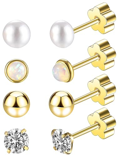 4 Paar Gold Knorpel Ohrringe für Mädchen Perle Chirurgenstahl Ohrringe Ohrstecker für Damen Herren Hypoallergen Ohrringe mit Flacher Rückseite Perle Ohrringe Ohrpiercing Ohrstecker