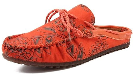 Ninepointninetynine Mocassins pour homme en cuir végétalien à motif floral - Mocassins légers à talon plat - Antidérapants - Classique, rose rouge, 41 1/3 EU