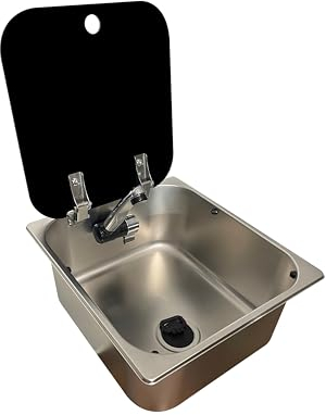 Fregadero con tapa camper 32x35x15 cm incluye grifo agua fria 12v y desague acodado camping autocaravana