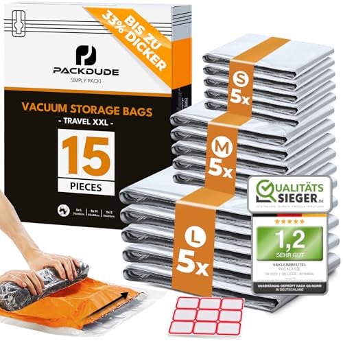 PACKDUDE® Vakuumbeutel Reise zum Rollen I 15 STK I Größen: 5x 70x50cm/ 5x 60x40cm/ 5x 50x35cmI Kompressionsbeutel Reisen ohne Ventil I Vakuumbeutel für Kleidung Reise I Vacuum Bags for Clothing Travel