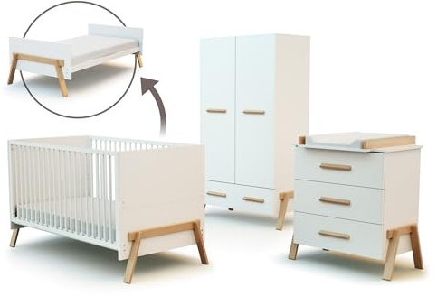 AT4 – Großes Babyzimmer mit 3-Schubladen-Wickelkommode + Holzschrank | Ausziehbares Bett 70x140 | Kleiderschrank mit 6 Einlegeböden, davon 4 verstellbar, einer Garderobe und einer Schublade