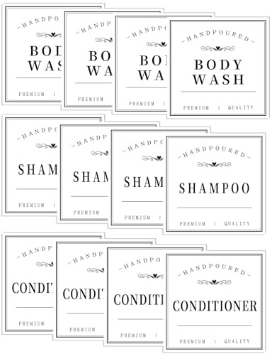 KSIWRE 12 PCS Waterproof Labels for Bottles, Hand Soap Shampoo Conditioner Dispenser Label Stickers, Removable Cleaning Bathroom Labels for Glass or Plastic Bottles (White)