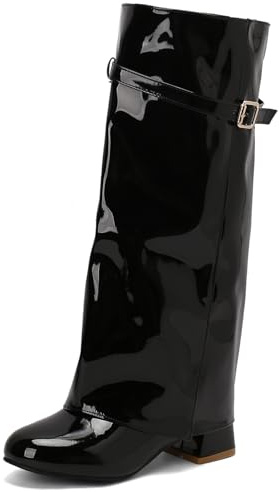 Gicoiz Donna Punta Rotonda Knee High Vernice Stivali da Equitazione Stylish Sposa Eleganti Tacco a Blocco Stivali Inverno Christmas Stivali Equitazione Stivali da Festa Nero Numero 39 EU-40Cn