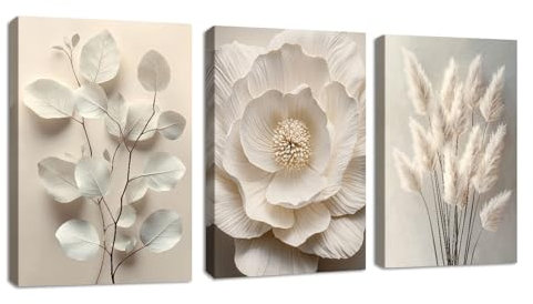 3 Pcs Neutral Beige Blumig Pflanze Leinwandbilder mit Rahmen, Boho Texturiert Blume Botanisch Wandbilder Beige Schlafzimmer Bild Auf Leinwand Kunstdruck Deko für Wohnzimmer zum Aufhängen 40x60cmx3Pcs