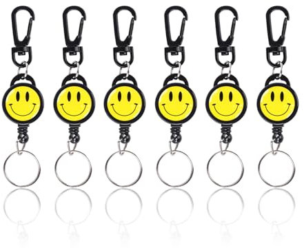 MYLERCT 6 Piezas Llavero Retractil y Extensible, Carita Sonriente, Giratorio para Llevar Llaves, Decoración