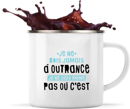 Tasse Métal Jamais à Outrance | 360 ml Mug Émaillé Métallique | Idée Cadeau Humour Original Anniversaire Fête