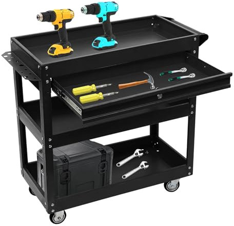 3 Ablagen Rollwagen Werkstatt, Montagewagen Stahl Etagenwagen, mobiler Tischwagen für Garage und Lager mit Schublade, Lochleiste, 4 Universalrädern & Griff, 150 kg Tragkraft (Schwarz)