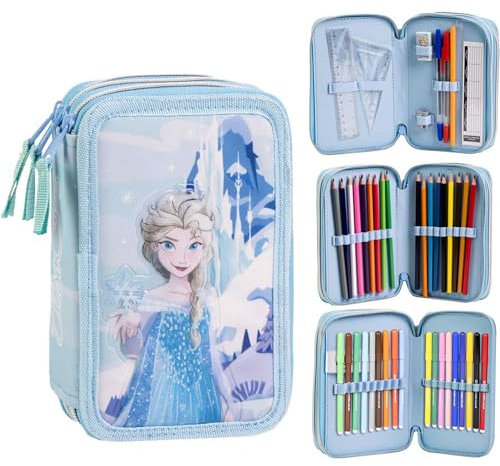 Trousse avec accessoires Giotto La Reine des Neiges avec marqueurs, stylos et crayons de couleur | Trousse triple pour enfant avec motif Disney, Frozen, 12.5x6.5x19.5 cm, Licence