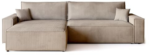 BROMARKT Sofa mit Schlaffunktion Couch L Cordstoff Sofa Bettkasten Schlafsofa für Wohnzimmer Ecksofa freistehend Adi XL Relaxsofa 3 sitzer 272x143x85 cm Beige