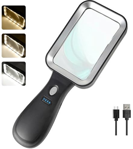 GABORISH Lupe mit Licht, 10X Leselupe mit Licht für Senioren Groß Linse 11x7 cm, 30LED Rechteckige Vergrößerungsglas, Magnifying Glass mit 3 Licht Modi, USB Aufladbare Handlupe für Lesen, Inspektion