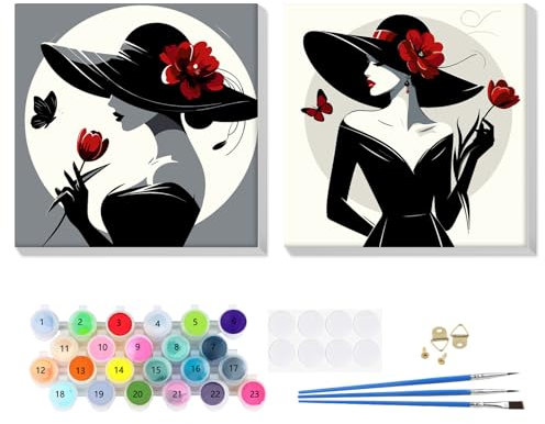 2 Piezas Dama Vestida de Negro Pintar por Numeros Adultos Niños con Marco, Cuadros para Pintar por Numeros Floral, Lona sin Pliegues Pintura al Colorear por Numeros, Decoración del Hogar 20x20cm