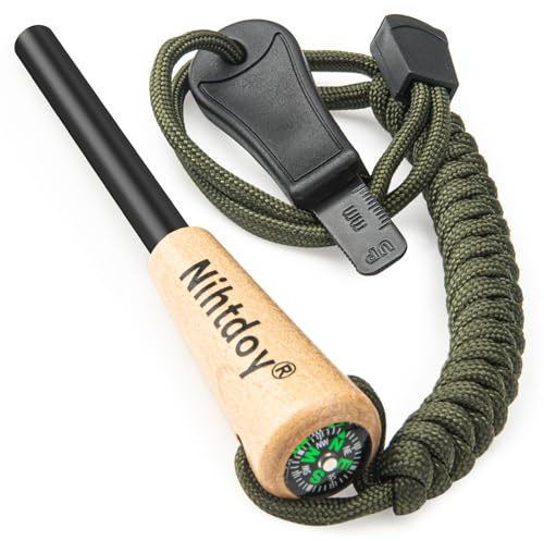 Nihtdoy Ferro Rod Fire Starter – Carbon Steel Striker & Compass-Integrated Wooden Handle | Flint and Steel Survival Tool for Camping, Hiking, Emergency