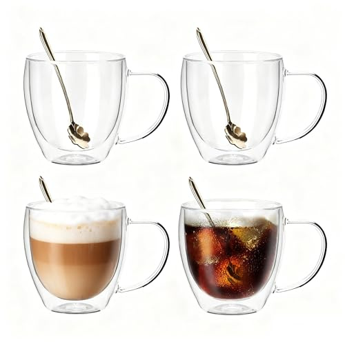 OPTVTAVITA Juego de 4 tazas de café de vidrio de doble pared de 250 ml con asas, tazas de café transparentes para espresso, latte, capuchino, vino, bolsa de té, bebidas calientes o frías