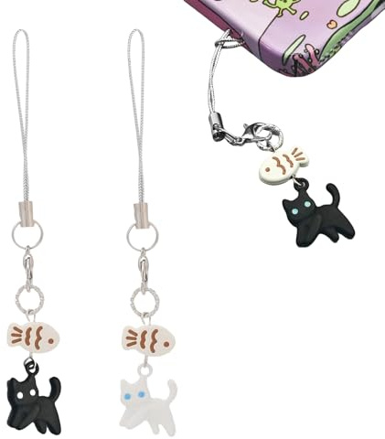 BelleFlair 2 Pcs Schwarze Katze Fisch Handy Anhänger, Niedlich Phone Charms, Kawaii Handy Accessoires, Earphone-Hülle Kamera Charm, Kawaii Dekoration Für Katzenliebhaber