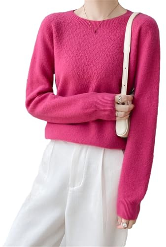 Maglione da donna in lana merino O-collo cashmere inverno comfort caldo top casual tinta unita, Fucsia, S