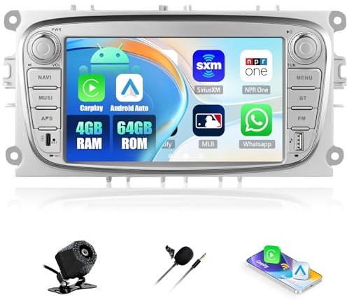 Zomolither 4+64GB Android Carplay Autoradio para Ford Focus II Mondeo S-MAX C-MAX Galaxy II MK2 Kuga, CarPlay Android Auto Pantalla HD Táctil 7'' Bluetooth 5.0 GPS Navi WiFi 32EQ FM/RDS +Cámara