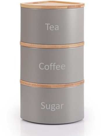 EHC Tea Coffee Sugar Canister Set, Set of 3 Stackable Kitchen Canisters Sets, Airtight Jars Easy Open Corner Space Saving Design, Grey