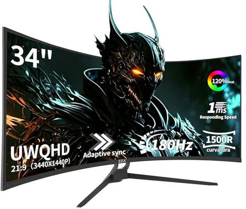 ZZA Monitor curvo para juegos UWQHD de 34 pulgadas y 180 Hz | 3440x1440, 21:9, 1500R, OD 1ms, HDR, 300nits, 120% sRGB, PIP/PBP, HDMI 2.1 x2, DP 1.4 x2, VESA