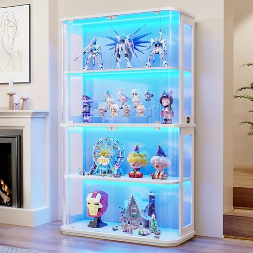 BROTTAR Große Glasvitrine Stehend Mit Rundbogen-Glastür, 4-Stöckiger Vitrine Mit 3-Farb-LED-Beleuchtung & Bewegungssensor, Vitrinenschrank Sammlervitrine Für Wohnzimmer, Weiß