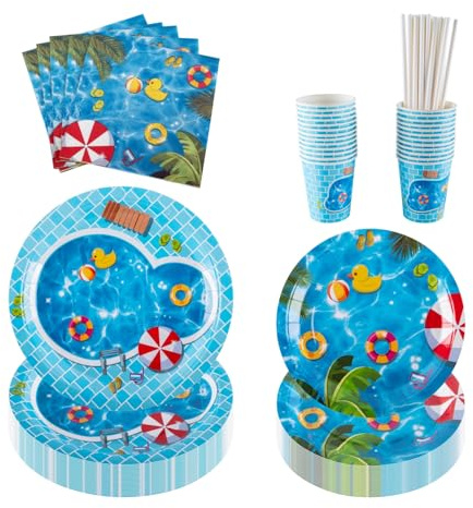 PHUNAT Summer Pool Themed Party Plates Cups and Napkins Set for 25 Guests, Includes Paper Plates (7 & 9 inch), Cups, Napkins, Straws, Ideal for Summer Party, Birthday, Beach Themed Party